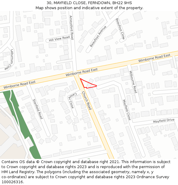 30, MAYFIELD CLOSE, FERNDOWN, BH22 9HS: Location map and indicative extent of plot