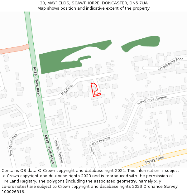 30, MAYFIELDS, SCAWTHORPE, DONCASTER, DN5 7UA: Location map and indicative extent of plot