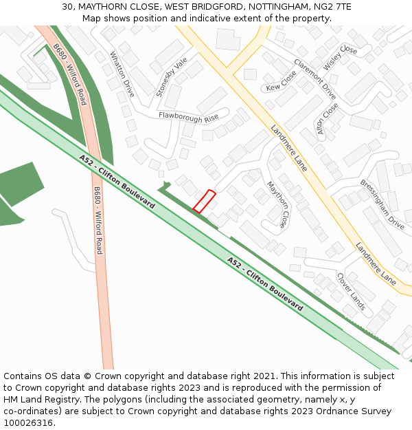 30, MAYTHORN CLOSE, WEST BRIDGFORD, NOTTINGHAM, NG2 7TE: Location map and indicative extent of plot