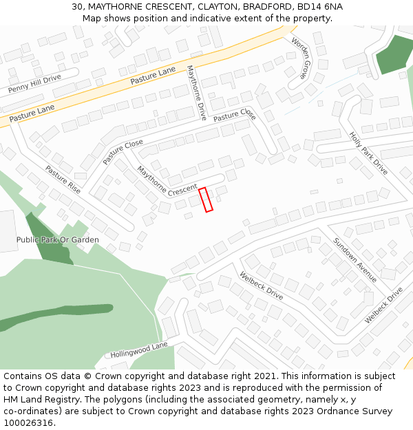 30, MAYTHORNE CRESCENT, CLAYTON, BRADFORD, BD14 6NA: Location map and indicative extent of plot