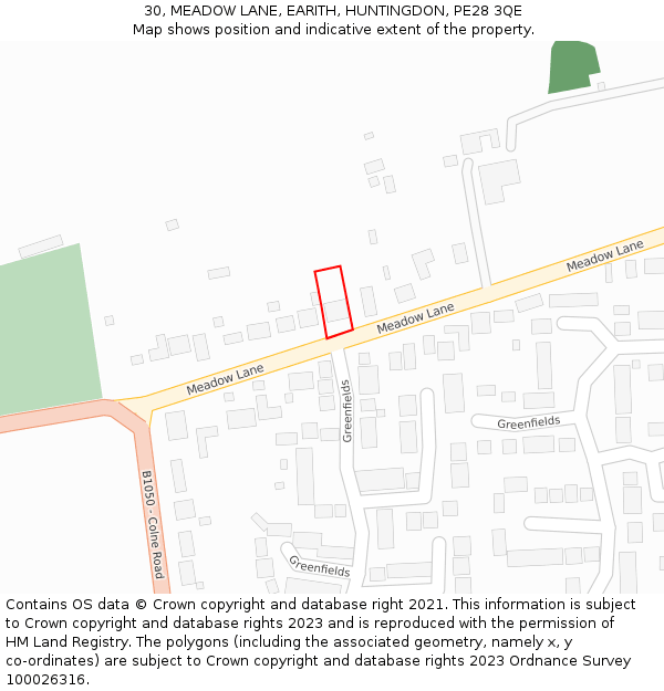 30, MEADOW LANE, EARITH, HUNTINGDON, PE28 3QE: Location map and indicative extent of plot