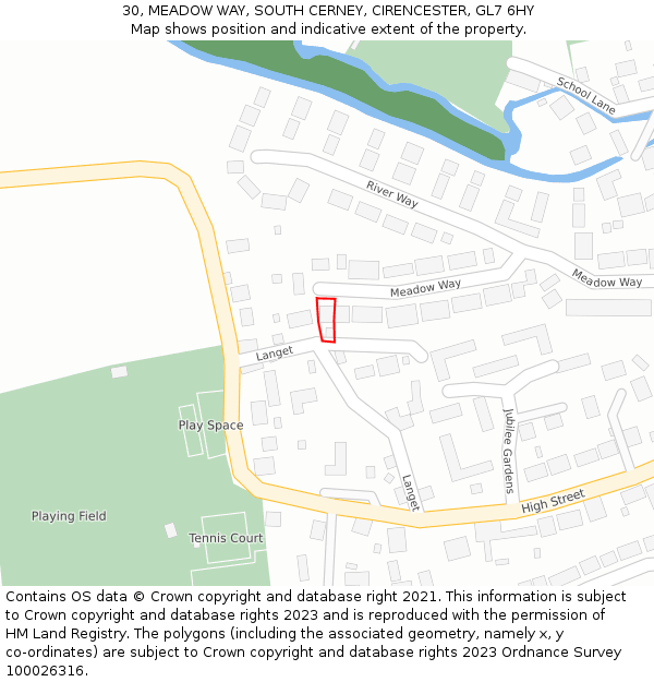 30, MEADOW WAY, SOUTH CERNEY, CIRENCESTER, GL7 6HY: Location map and indicative extent of plot