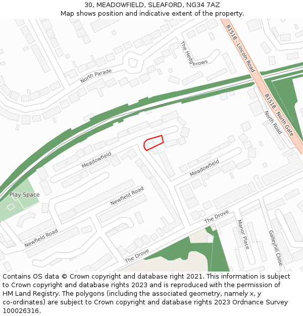 30, MEADOWFIELD, SLEAFORD, NG34 7AZ: Location map and indicative extent of plot