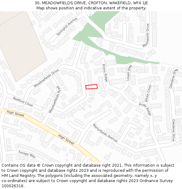 30, MEADOWFIELDS DRIVE, CROFTON, WAKEFIELD, WF4 1JE: Location map and indicative extent of plot