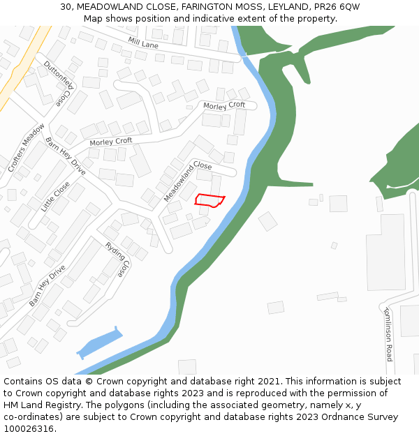 30, MEADOWLAND CLOSE, FARINGTON MOSS, LEYLAND, PR26 6QW: Location map and indicative extent of plot