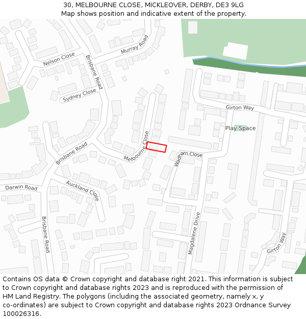 30, MELBOURNE CLOSE, MICKLEOVER, DERBY, DE3 9LG: Location map and indicative extent of plot