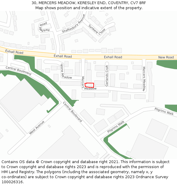 30, MERCERS MEADOW, KERESLEY END, COVENTRY, CV7 8RF: Location map and indicative extent of plot