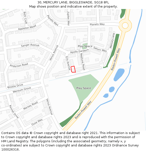 30, MERCURY LANE, BIGGLESWADE, SG18 8FL: Location map and indicative extent of plot