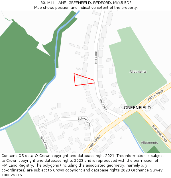 30, MILL LANE, GREENFIELD, BEDFORD, MK45 5DF: Location map and indicative extent of plot