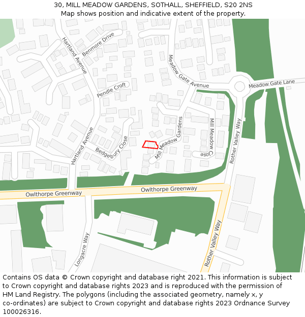 30, MILL MEADOW GARDENS, SOTHALL, SHEFFIELD, S20 2NS: Location map and indicative extent of plot