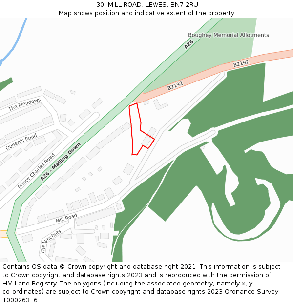 30, MILL ROAD, LEWES, BN7 2RU: Location map and indicative extent of plot