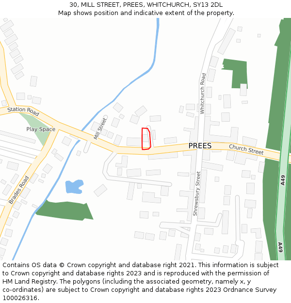 30, MILL STREET, PREES, WHITCHURCH, SY13 2DL: Location map and indicative extent of plot