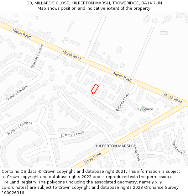 30, MILLARDS CLOSE, HILPERTON MARSH, TROWBRIDGE, BA14 7UN: Location map and indicative extent of plot