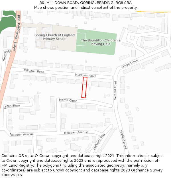 30, MILLDOWN ROAD, GORING, READING, RG8 0BA: Location map and indicative extent of plot