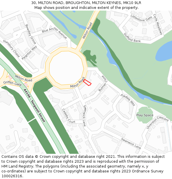 30, MILTON ROAD, BROUGHTON, MILTON KEYNES, MK10 9LR: Location map and indicative extent of plot