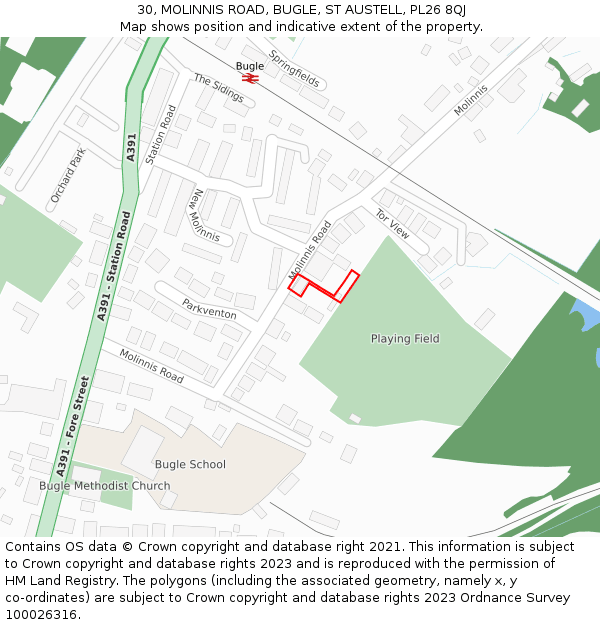 30, MOLINNIS ROAD, BUGLE, ST AUSTELL, PL26 8QJ: Location map and indicative extent of plot