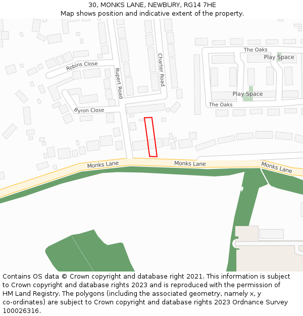 30, MONKS LANE, NEWBURY, RG14 7HE: Location map and indicative extent of plot