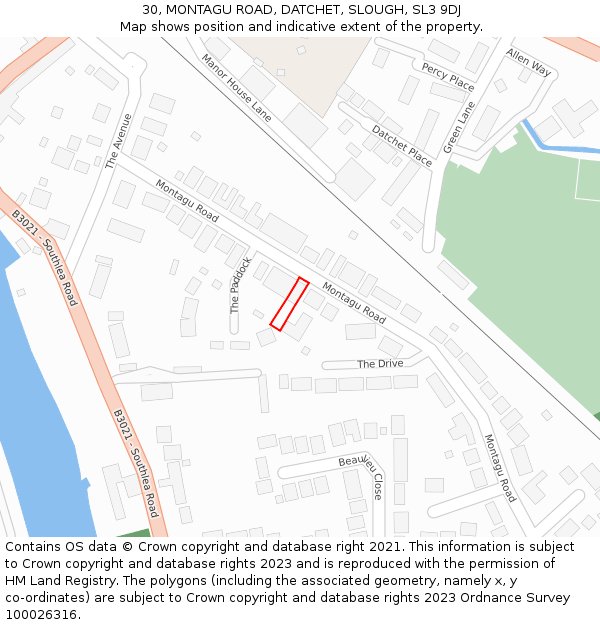 30, MONTAGU ROAD, DATCHET, SLOUGH, SL3 9DJ: Location map and indicative extent of plot