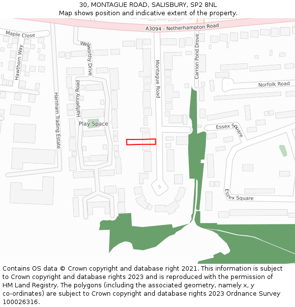 30, MONTAGUE ROAD, SALISBURY, SP2 8NL: Location map and indicative extent of plot