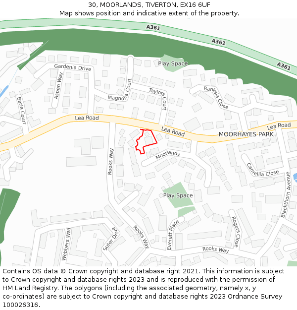 30, MOORLANDS, TIVERTON, EX16 6UF: Location map and indicative extent of plot