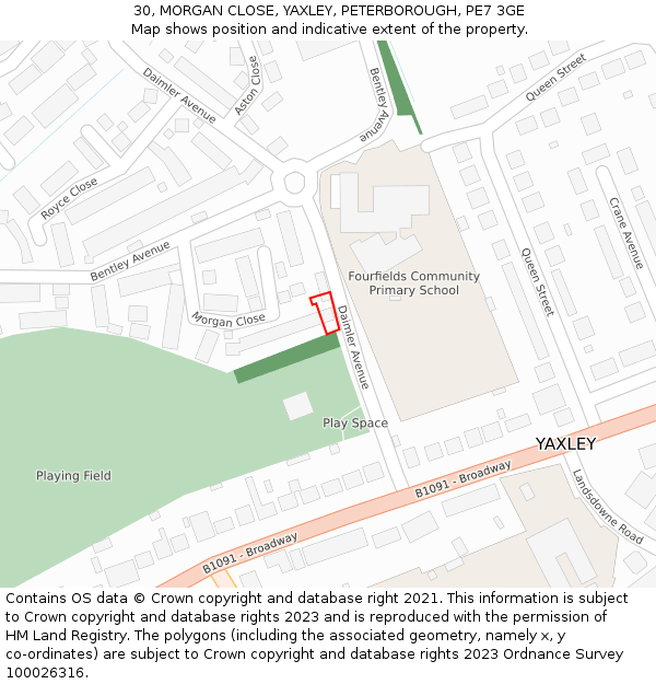 30, MORGAN CLOSE, YAXLEY, PETERBOROUGH, PE7 3GE: Location map and indicative extent of plot