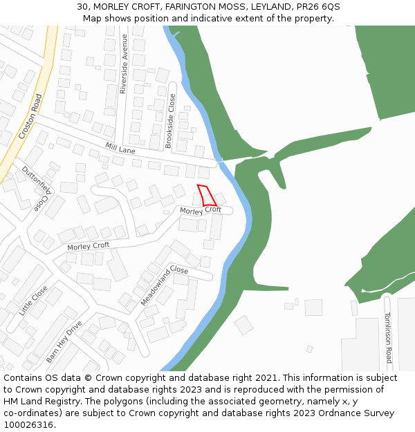 30, MORLEY CROFT, FARINGTON MOSS, LEYLAND, PR26 6QS: Location map and indicative extent of plot