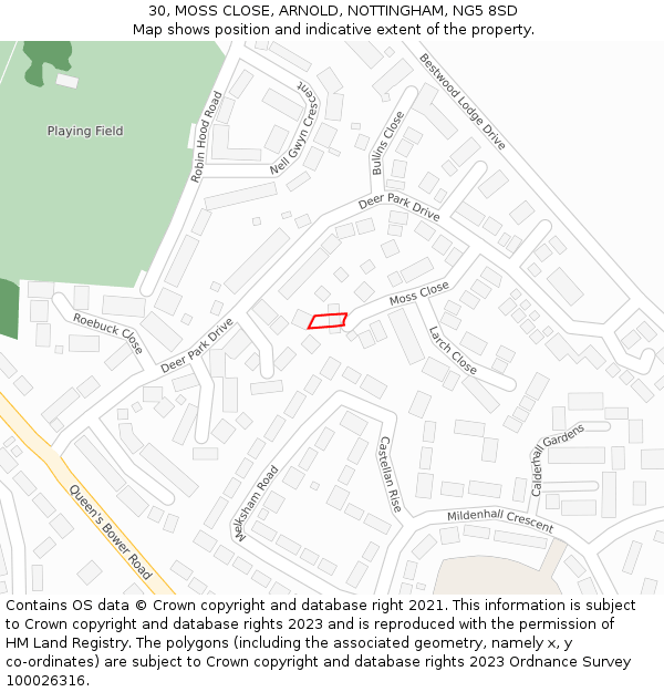 30, MOSS CLOSE, ARNOLD, NOTTINGHAM, NG5 8SD: Location map and indicative extent of plot