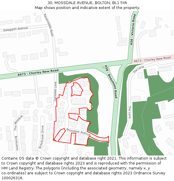 30, MOSSDALE AVENUE, BOLTON, BL1 5YA: Location map and indicative extent of plot