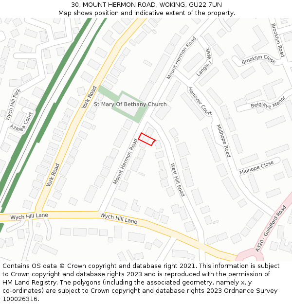 30, MOUNT HERMON ROAD, WOKING, GU22 7UN: Location map and indicative extent of plot