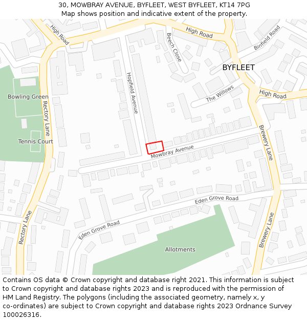 30, MOWBRAY AVENUE, BYFLEET, WEST BYFLEET, KT14 7PG: Location map and indicative extent of plot