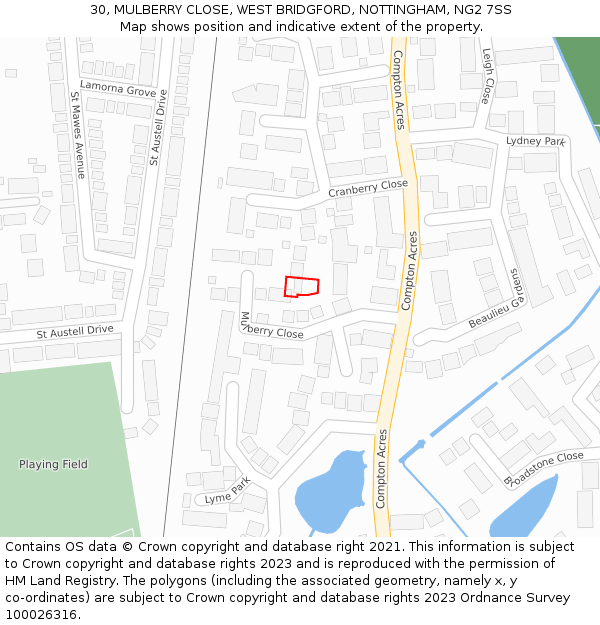 30, MULBERRY CLOSE, WEST BRIDGFORD, NOTTINGHAM, NG2 7SS: Location map and indicative extent of plot