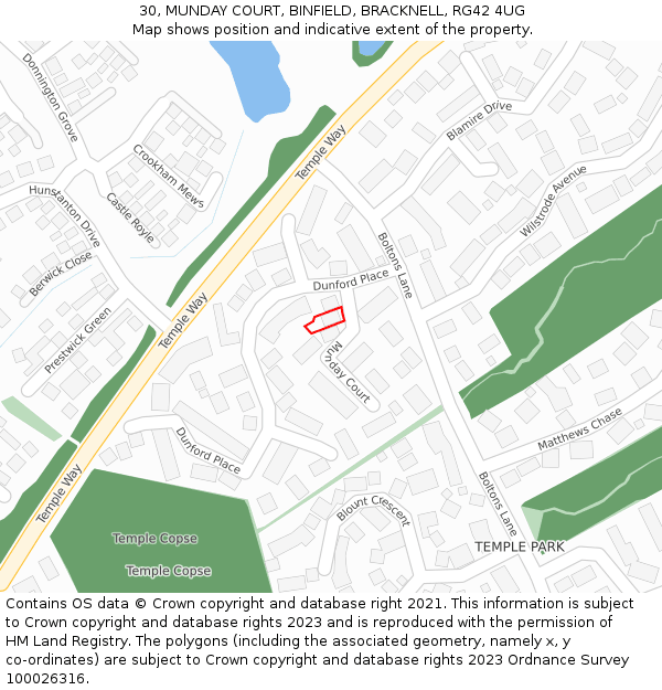 30, MUNDAY COURT, BINFIELD, BRACKNELL, RG42 4UG: Location map and indicative extent of plot