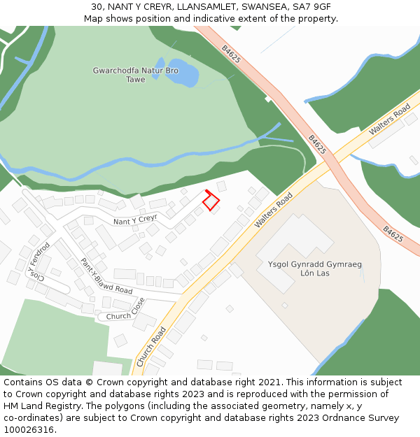 30, NANT Y CREYR, LLANSAMLET, SWANSEA, SA7 9GF: Location map and indicative extent of plot