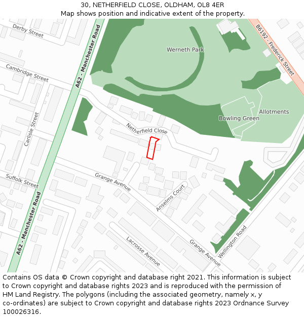 30, NETHERFIELD CLOSE, OLDHAM, OL8 4ER: Location map and indicative extent of plot