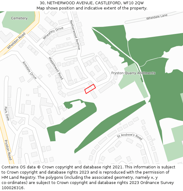 30, NETHERWOOD AVENUE, CASTLEFORD, WF10 2QW: Location map and indicative extent of plot