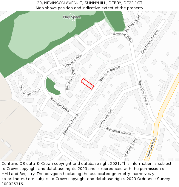 30, NEVINSON AVENUE, SUNNYHILL, DERBY, DE23 1GT: Location map and indicative extent of plot