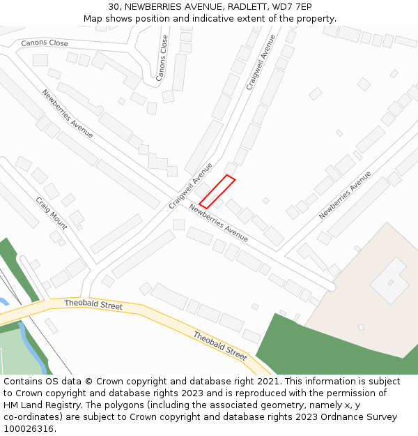 30, NEWBERRIES AVENUE, RADLETT, WD7 7EP: Location map and indicative extent of plot