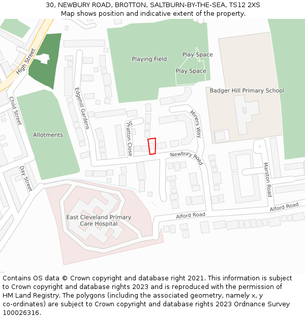 30, NEWBURY ROAD, BROTTON, SALTBURN-BY-THE-SEA, TS12 2XS: Location map and indicative extent of plot