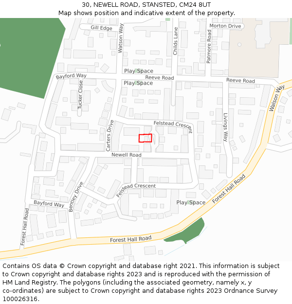 30, NEWELL ROAD, STANSTED, CM24 8UT: Location map and indicative extent of plot