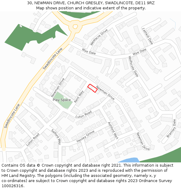 30, NEWMAN DRIVE, CHURCH GRESLEY, SWADLINCOTE, DE11 9RZ: Location map and indicative extent of plot