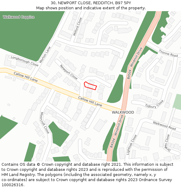 30, NEWPORT CLOSE, REDDITCH, B97 5PY: Location map and indicative extent of plot