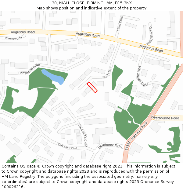 30, NIALL CLOSE, BIRMINGHAM, B15 3NX: Location map and indicative extent of plot