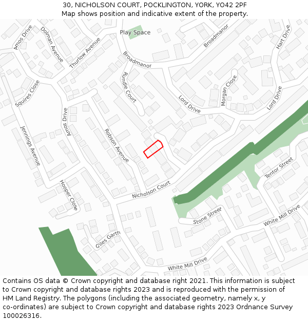 30, NICHOLSON COURT, POCKLINGTON, YORK, YO42 2PF: Location map and indicative extent of plot