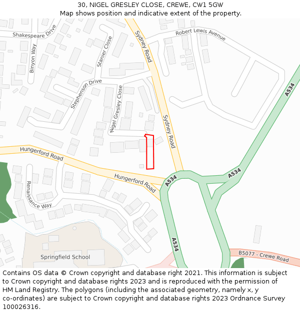 30, NIGEL GRESLEY CLOSE, CREWE, CW1 5GW: Location map and indicative extent of plot