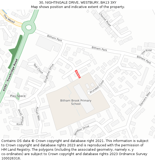 30, NIGHTINGALE DRIVE, WESTBURY, BA13 3XY: Location map and indicative extent of plot