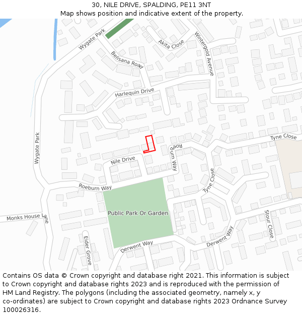 30, NILE DRIVE, SPALDING, PE11 3NT: Location map and indicative extent of plot