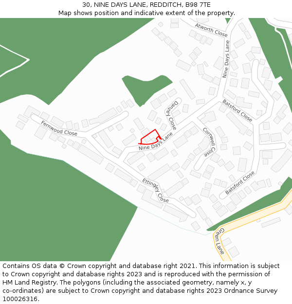 30, NINE DAYS LANE, REDDITCH, B98 7TE: Location map and indicative extent of plot