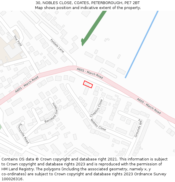 30, NOBLES CLOSE, COATES, PETERBOROUGH, PE7 2BT: Location map and indicative extent of plot