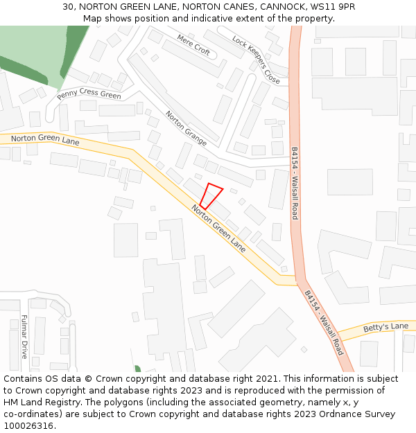 30, NORTON GREEN LANE, NORTON CANES, CANNOCK, WS11 9PR: Location map and indicative extent of plot
