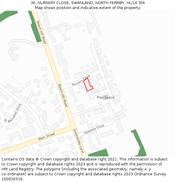 30, NURSERY CLOSE, SWANLAND, NORTH FERRIBY, HU14 3FA: Location map and indicative extent of plot